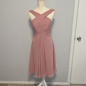 Azazie Pink Halter A-Line Midi Dress for Wedding Guest